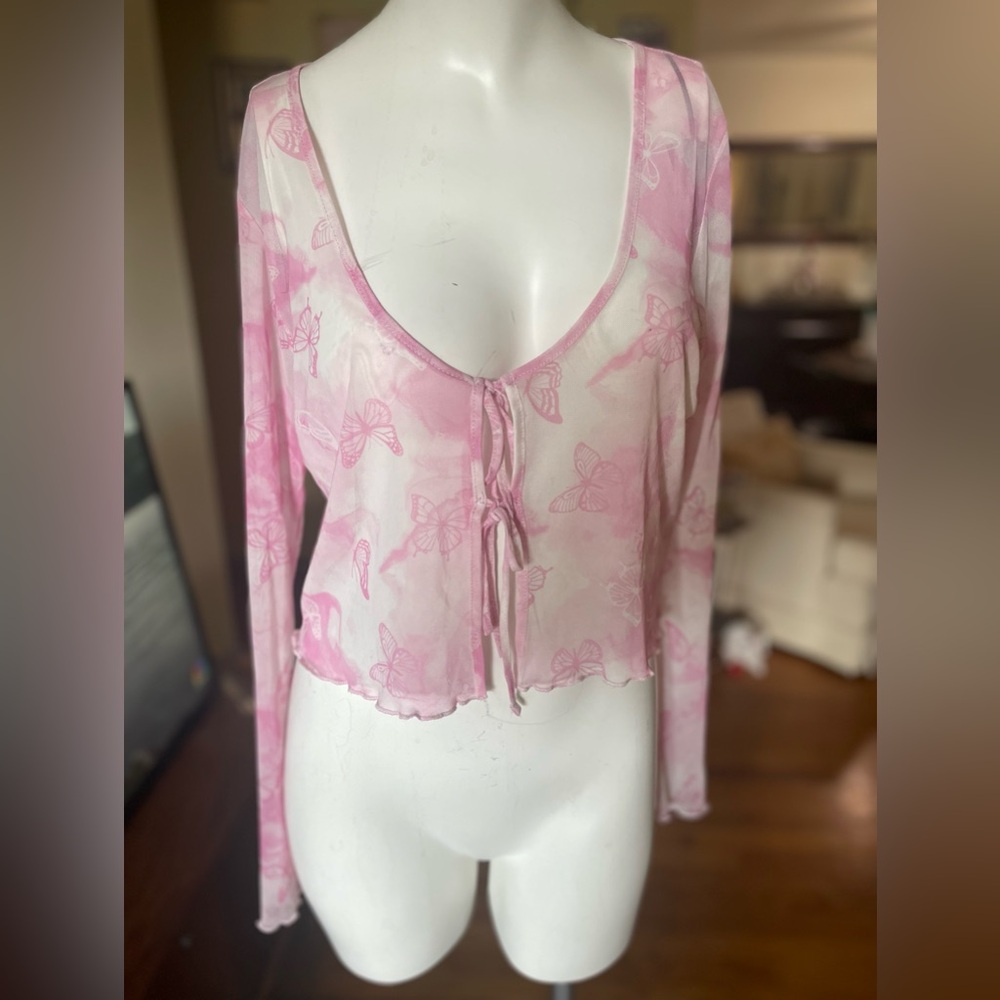 H&M Pink Sheer Mesh Butterfly Print Longsleeve Shrug